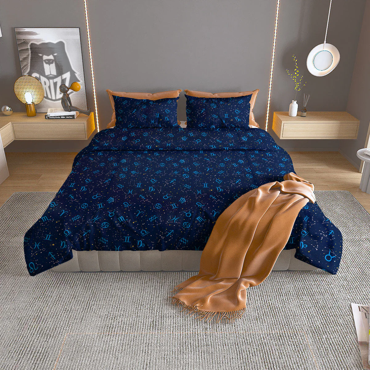 Zodiac Symbols Blue Print Pattern Duvet Cover Bedding Set