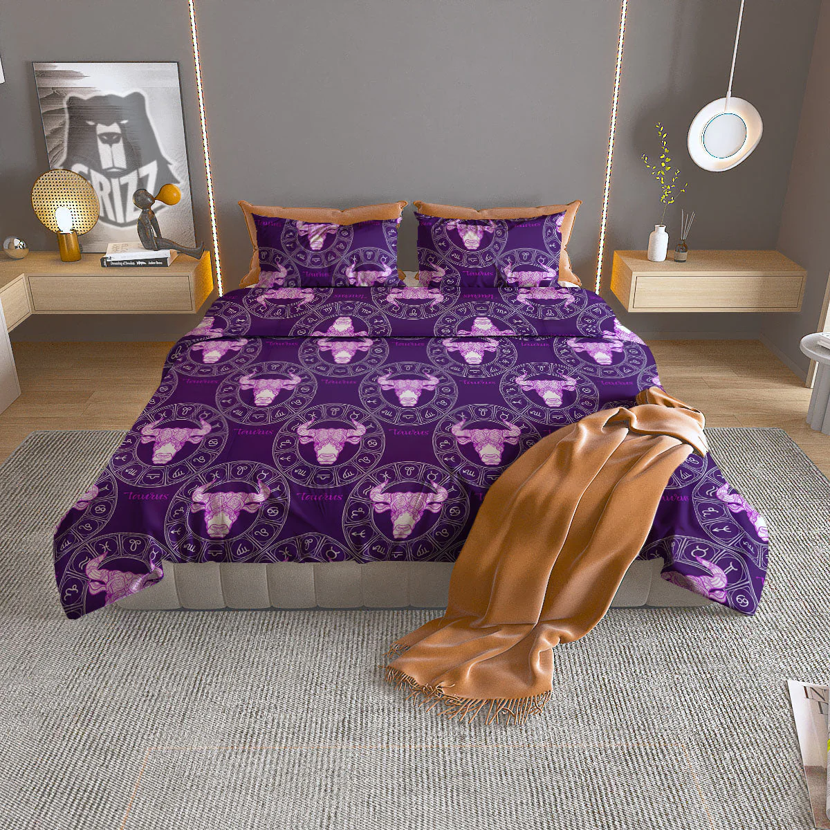 Zodiac Taurus Purple Print Pattern Duvet Cover Bedding Set