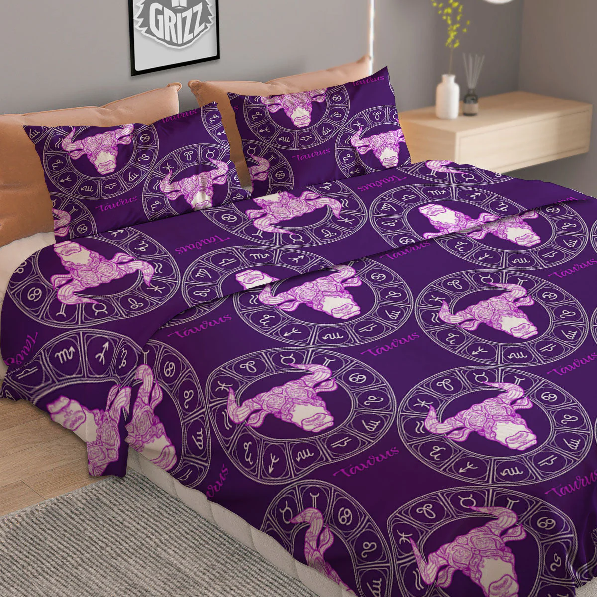 Zodiac Taurus Purple Print Pattern Duvet Cover Bedding Set - Image 2