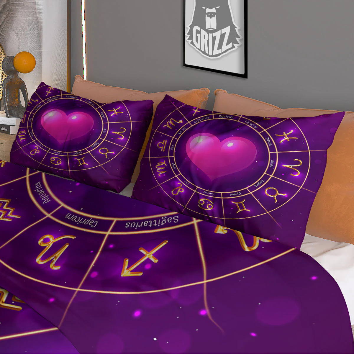 Zodiac Wheel Pink Heart Print Duvet Cover Bedding Set - Image 3