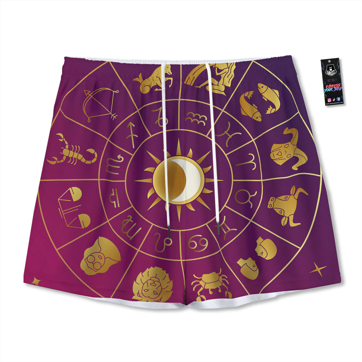 Zodiac Wheel Symbols Print Mesh Shorts